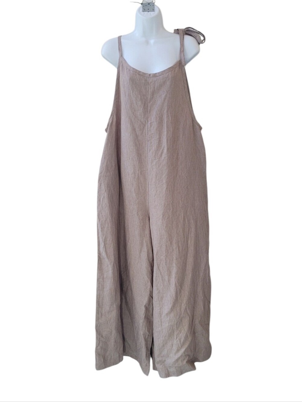 J. PETERMAN Tan Linen Tie Strap Wide Leg Jumpsuit L Minimalist Resort Coastal